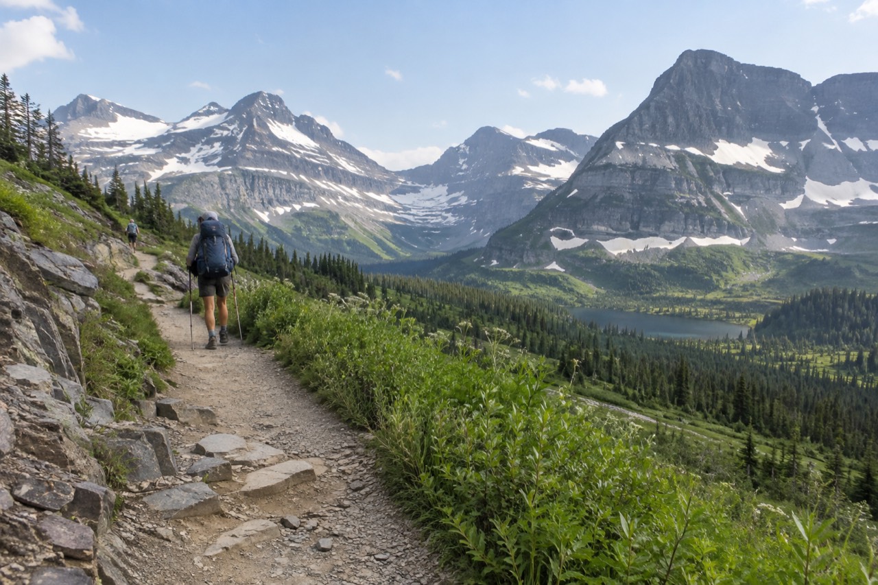 A mountain trail winding through alpine meadows below snow capped peaks