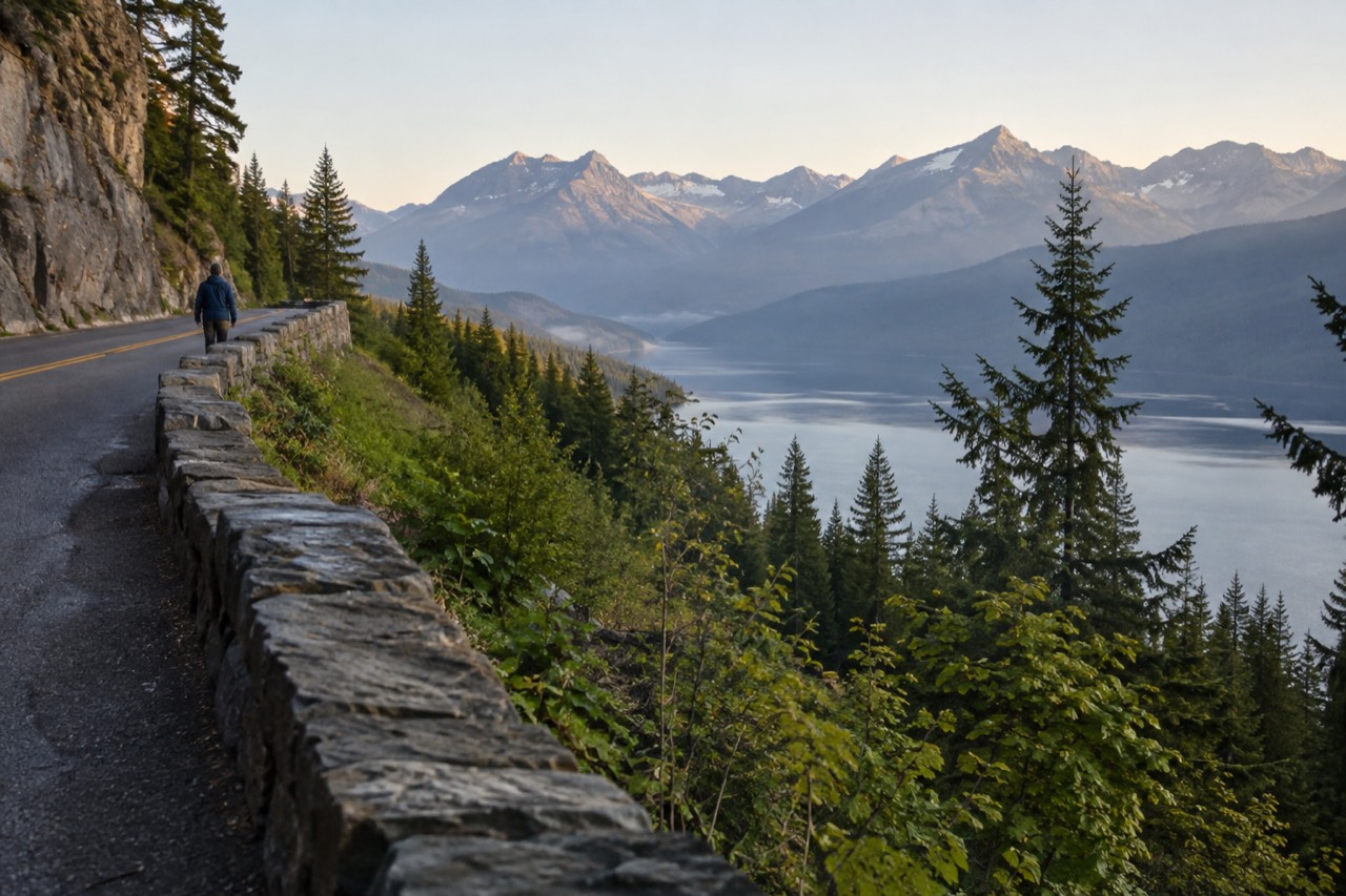 Morning light on Going-to-the-Sun Road winding along a forested mountainside above a lake