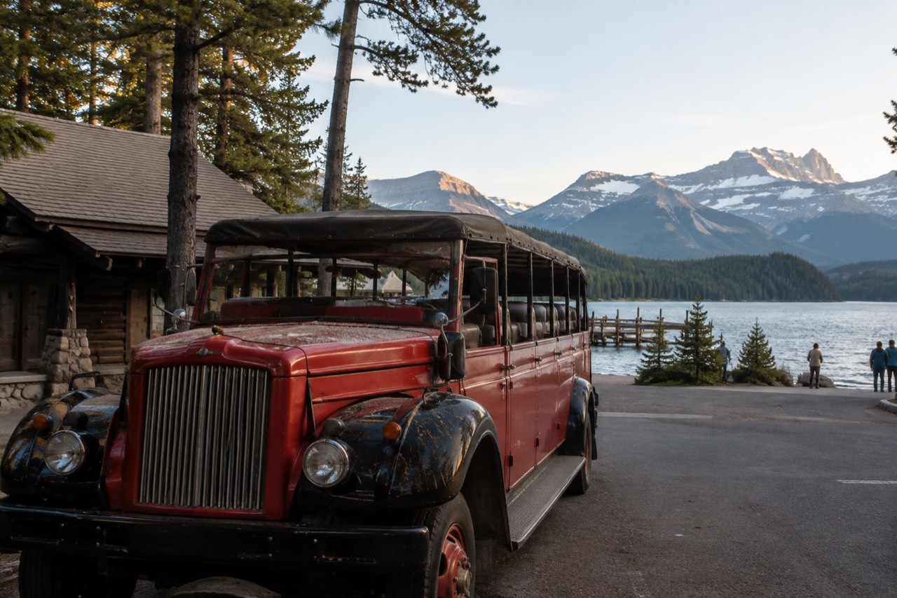 A red tour bus with an open canvas top parked beside a mountain lake with snow-capped peaks behind it