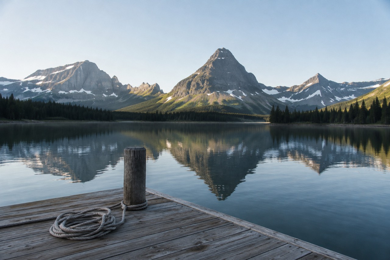 A calm mountain lake reflecting jagged snow-capped peaks under a clear summer sky