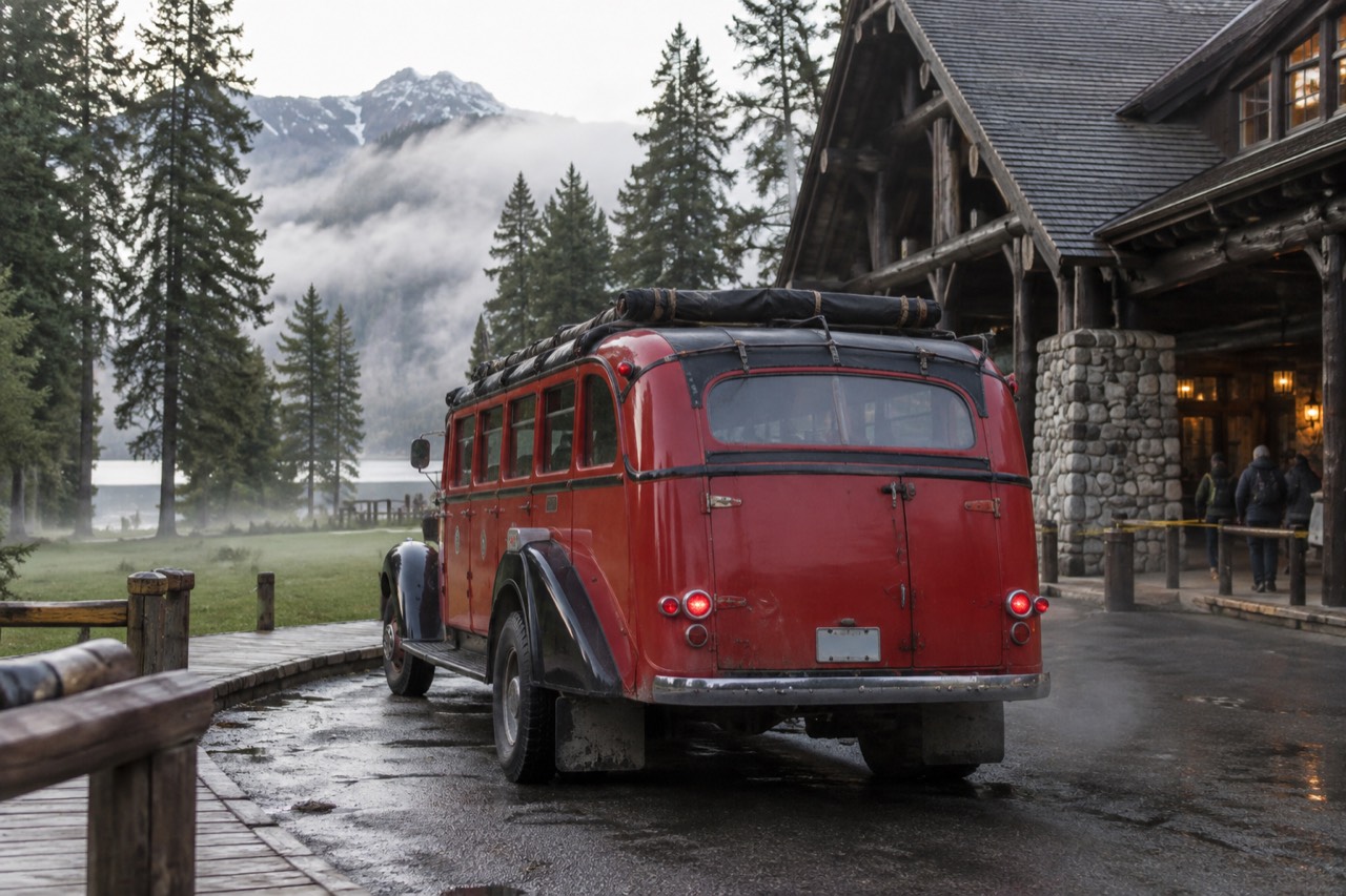 A vintage red bus with a roll-back canvas top parked on a mountain road beside a lake and tall peaks