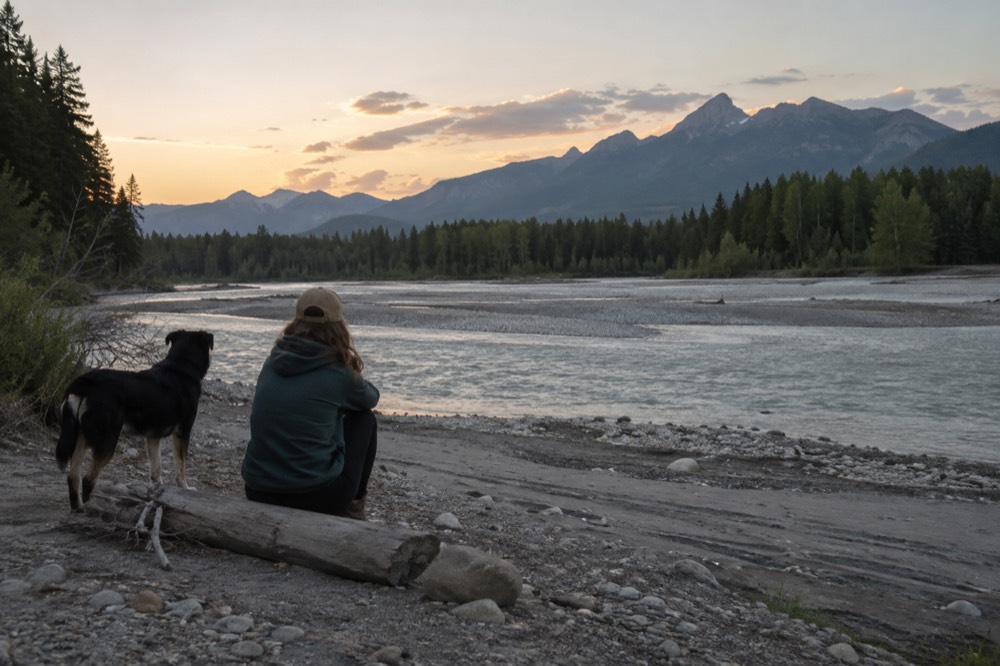 A wide river flowing between forested banks with distant mountains under an open sky.