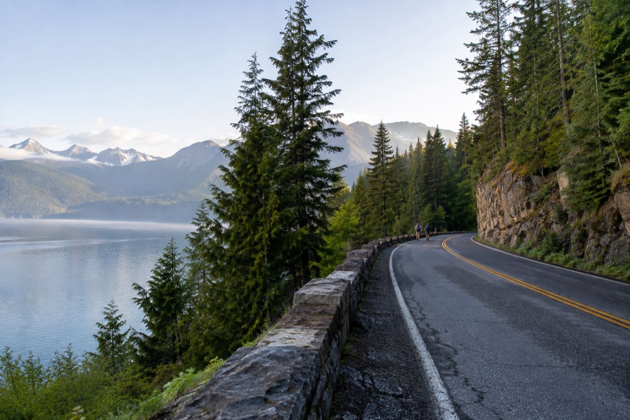 A winding mountain road curves along a green lakeshore beneath tall snow streaked peaks.