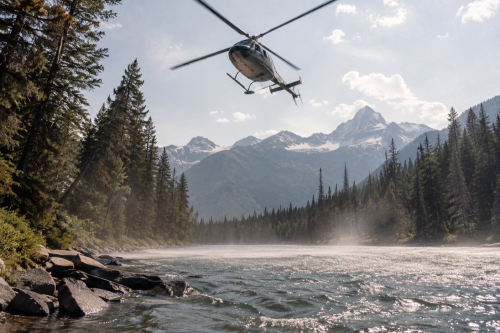 A helicopter flying low over a forested valley toward distant snow capped mountains