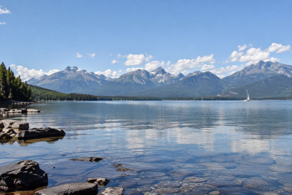 A calm mountain lake reflecting tall peaks under a wide blue sky