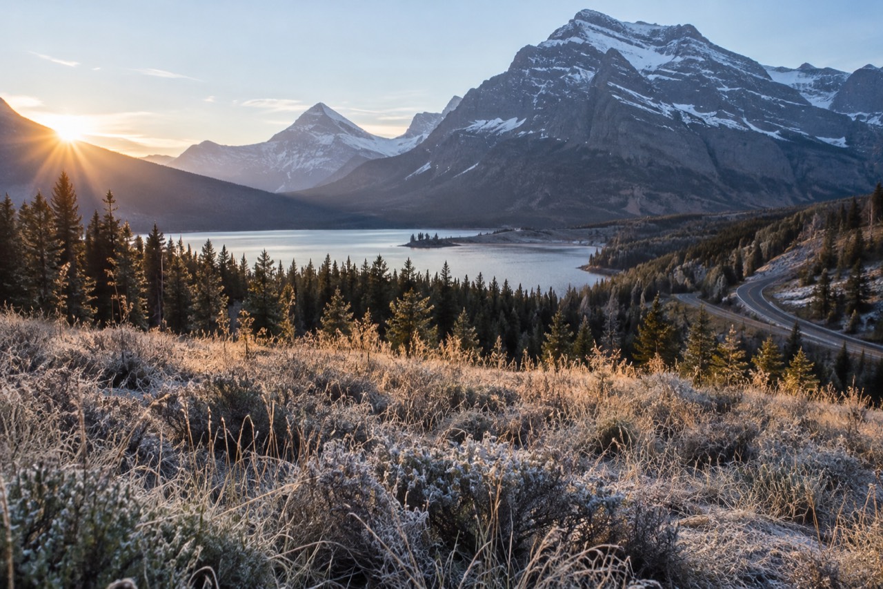 A calm alpine valley with a winding road below tall snow streaked peaks