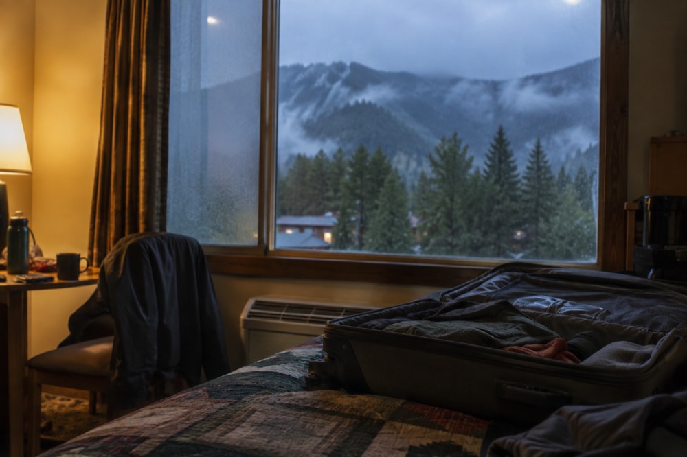Cozy hotel room with mountain view window in Whitefish