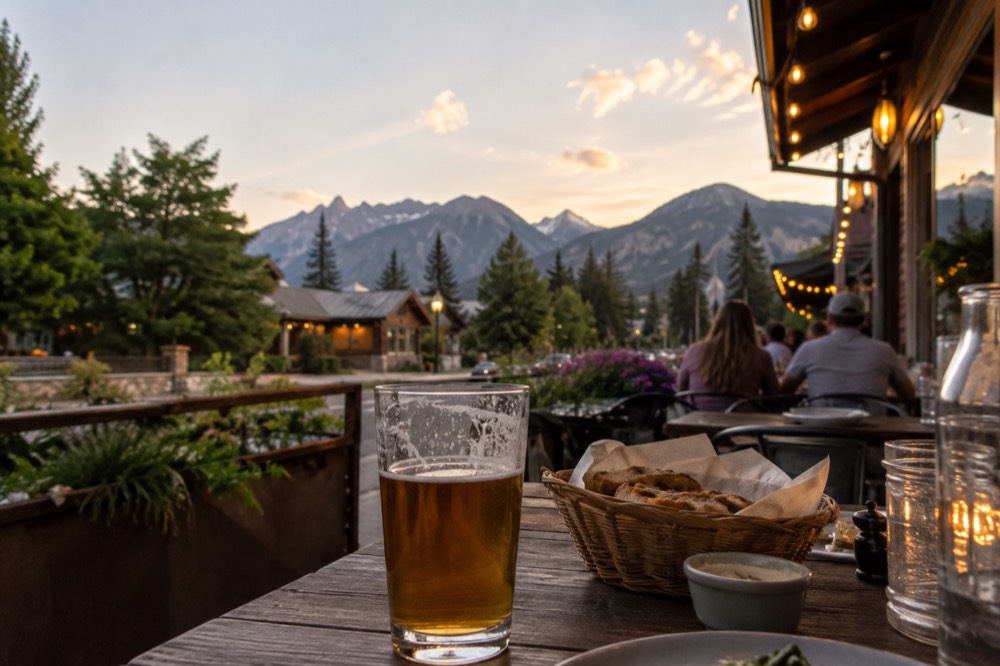 Outdoor dining on Central Avenue in Whitefish at dusk
