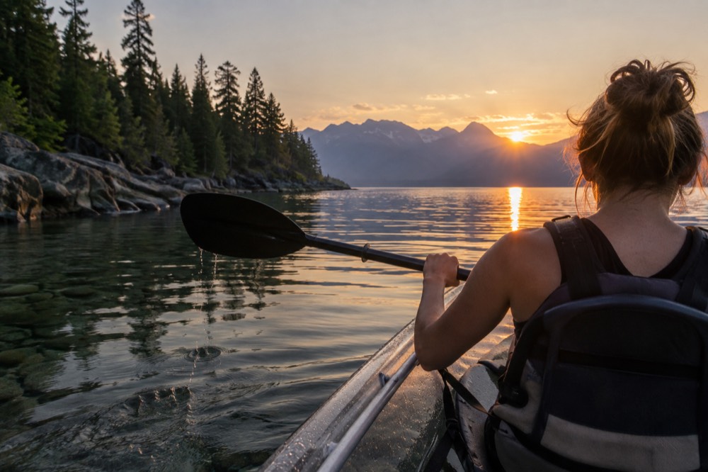 Clear kayak on Flathead Lake at sunset with mountains in background