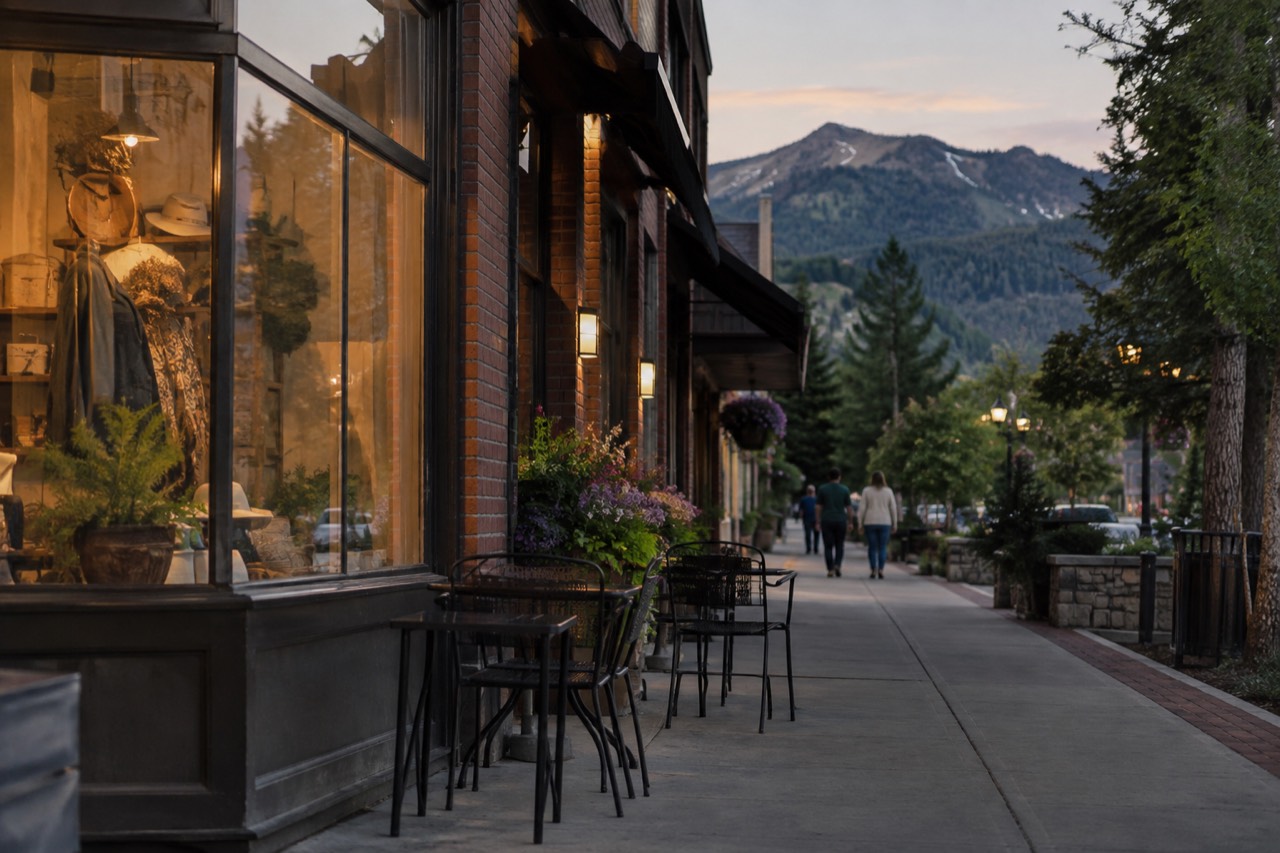 Downtown Whitefish with Central Avenue shops and mountain backdrop