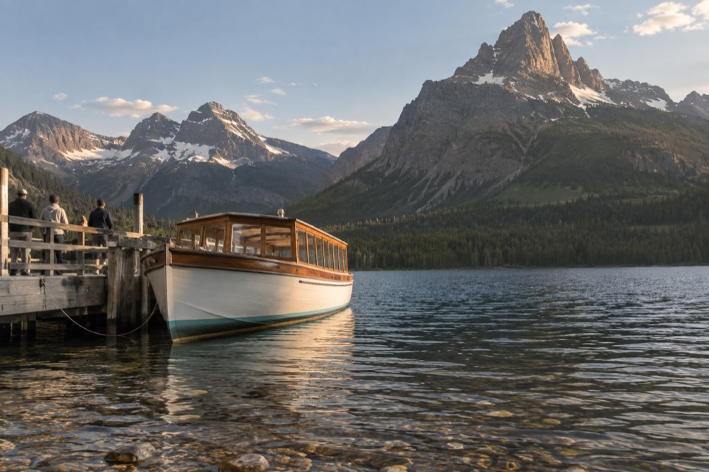 A wooden boat on a calm lake with towering mountains in the background
