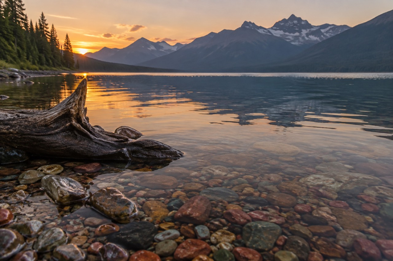 Sunset light on a mountain lake with rocky peaks reflected in calm water, Glacier National Park.