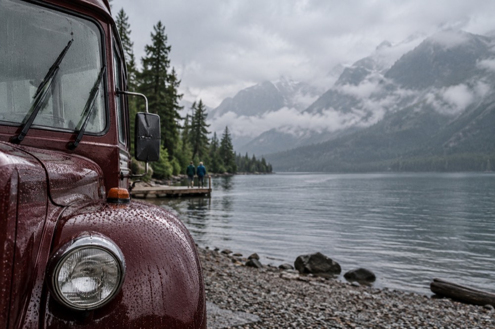 A red vintage touring bus parked beside a mountain lake with forested peaks behind it