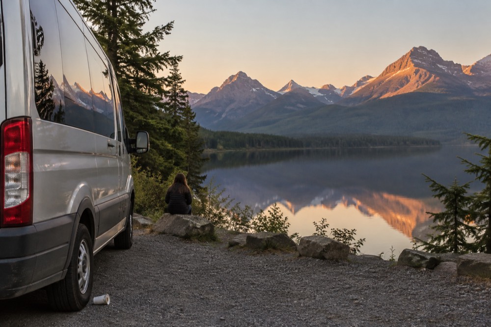 A small tour van parked at a lakeside overlook with mountains reflected in still water