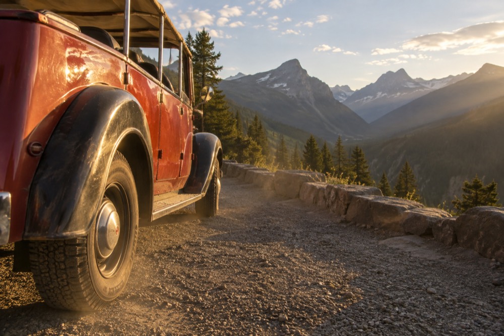 A vintage open-top tour bus parked at a scenic overlook on a mountain road