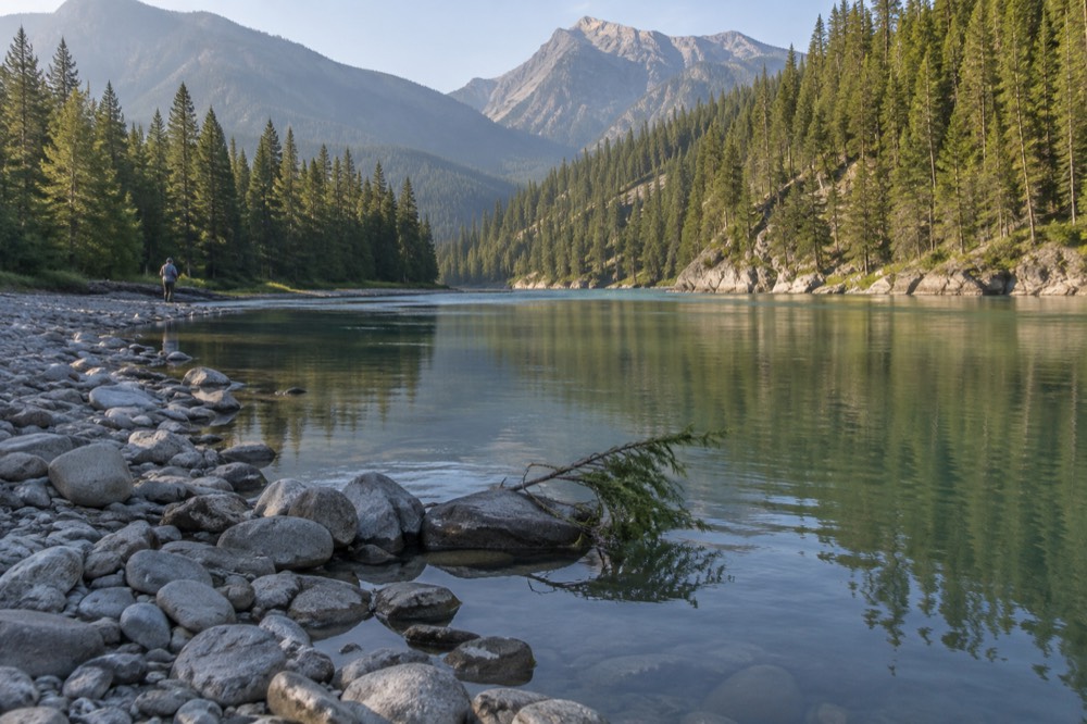 A wide, calm river reflecting pine-covered mountains under a blue sky