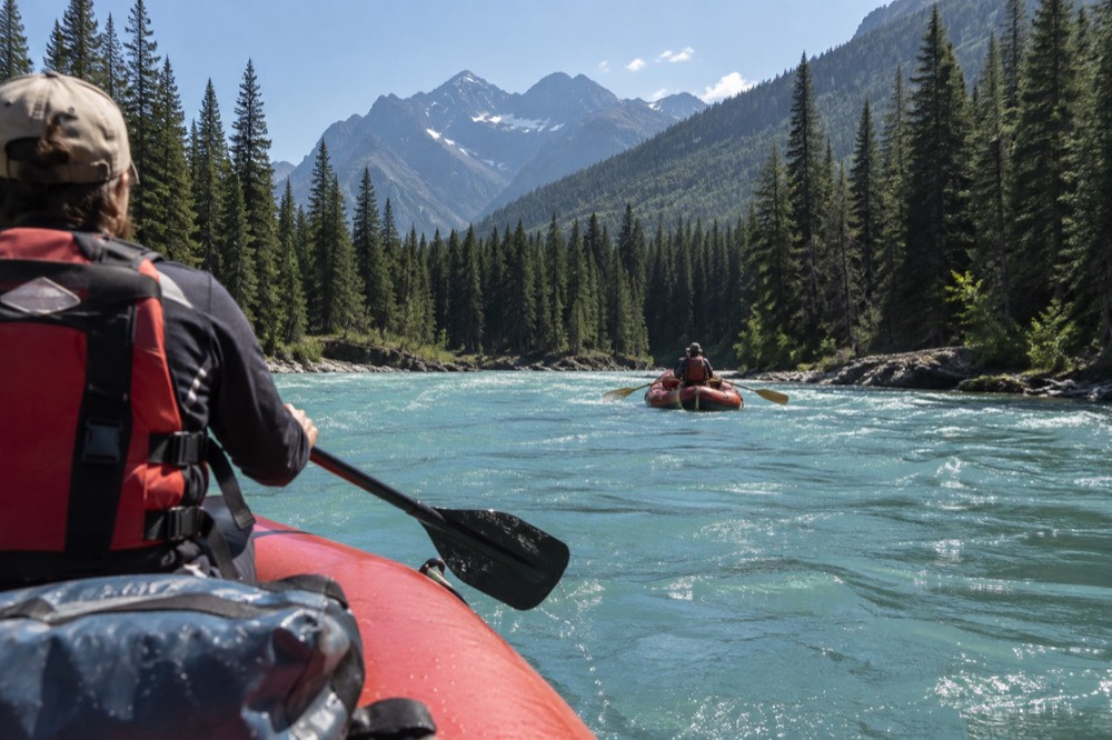 Rafts floating down a wide turquoise river between forested mountains