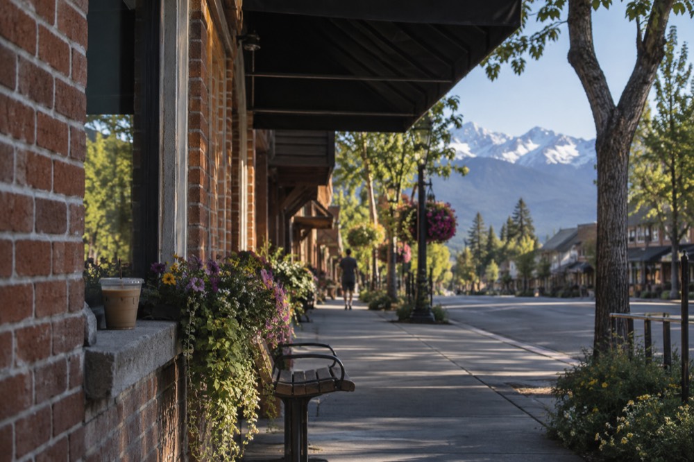 A small lake town main street with storefronts and mountains in the background