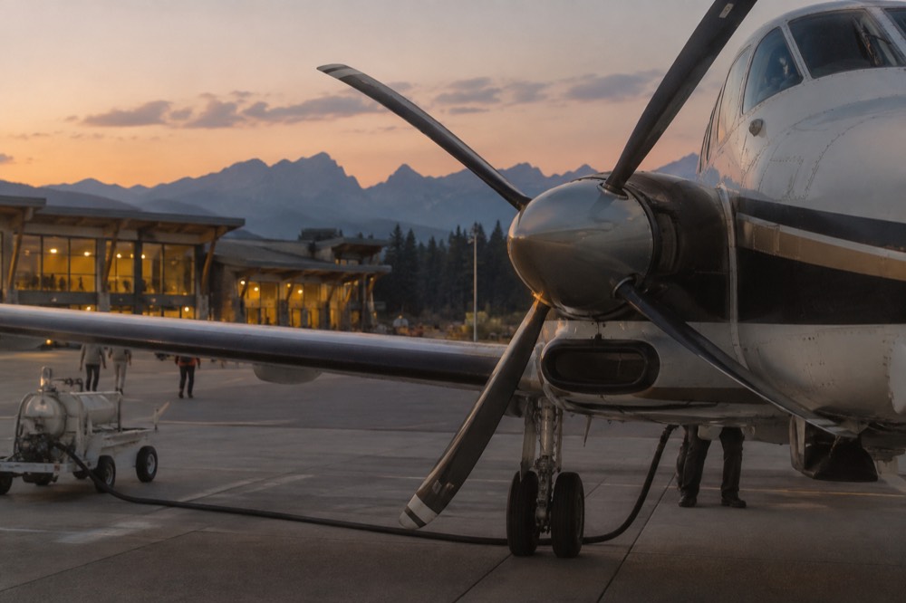 An airport terminal building with small regional aircraft parked at dusk