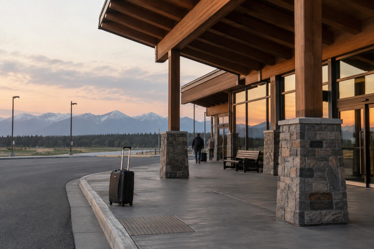 A small regional airport terminal with mountains on the horizon under a wide sky