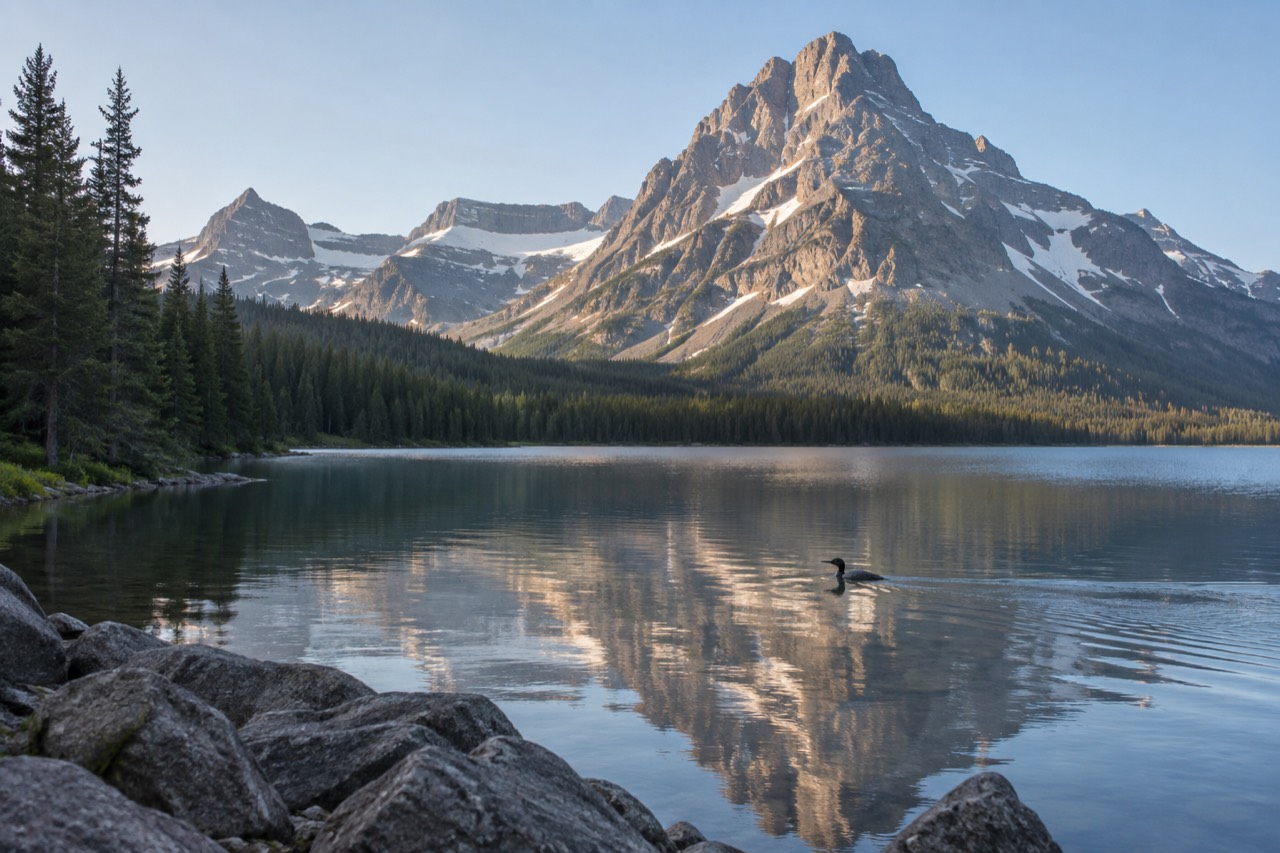 A mountain lake ringed by conifers beneath snow streaked peaks in northwest Montana