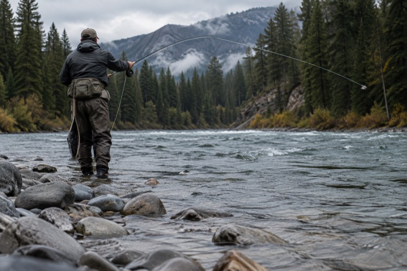 Fly fisherman casting into a clear river inside Glacier National Park on a guided fly fishing adventure