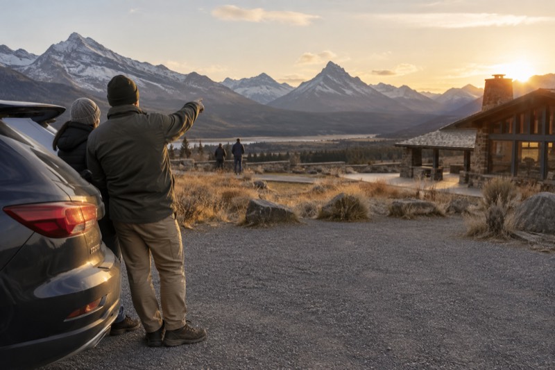 Snow-covered Going-to-the-Sun Road viewpoints in winter as a guided driving tour vehicle stops at an overlook in Glacier National Park