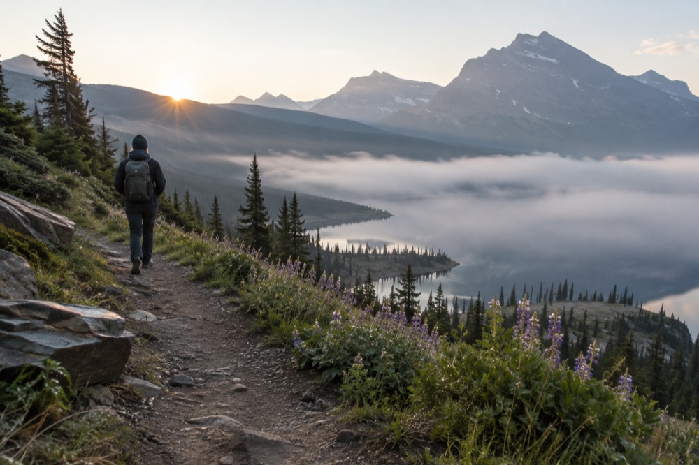 An early morning trail empty of people with mist over an alpine valley