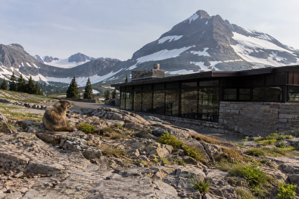Logan Pass visitor center on Going-to-the-Sun Road with snow patches on the slopes behind it