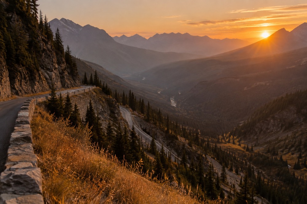 A wide mountain valley at sunset with a winding road and distant peaks