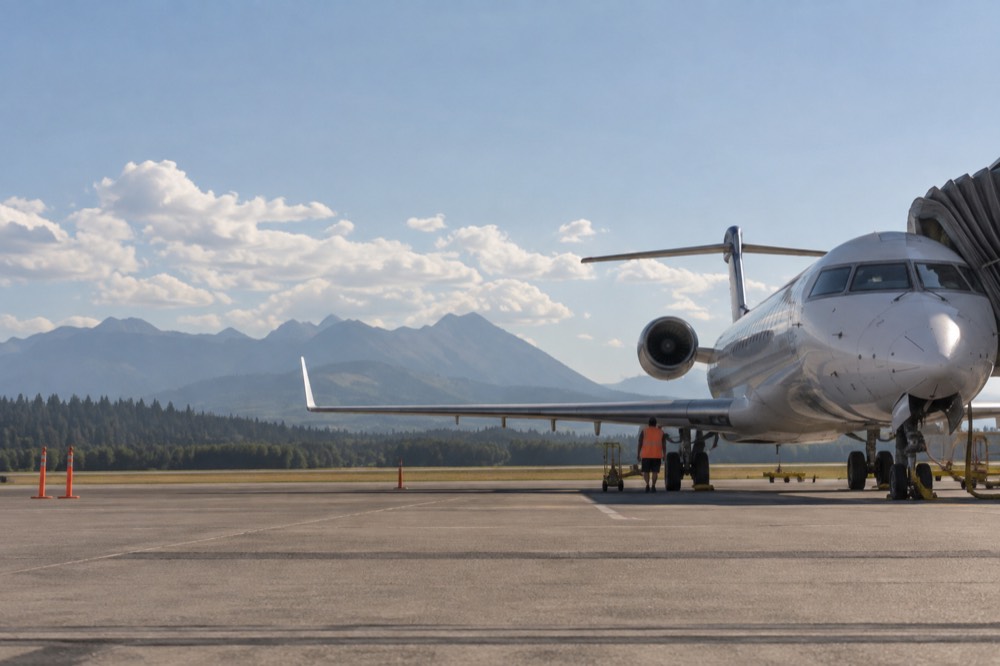 Regional airport runway with a small aircraft parked at the terminal under a wide Montana sky