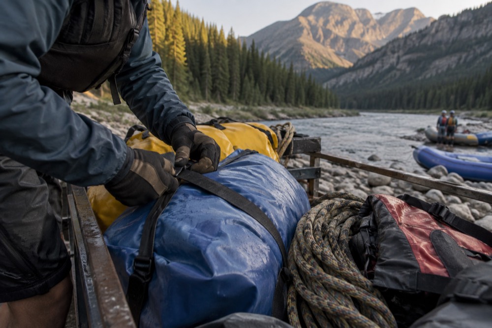 Rafting guide loading gear onto a trailer beside a river in a forested valley