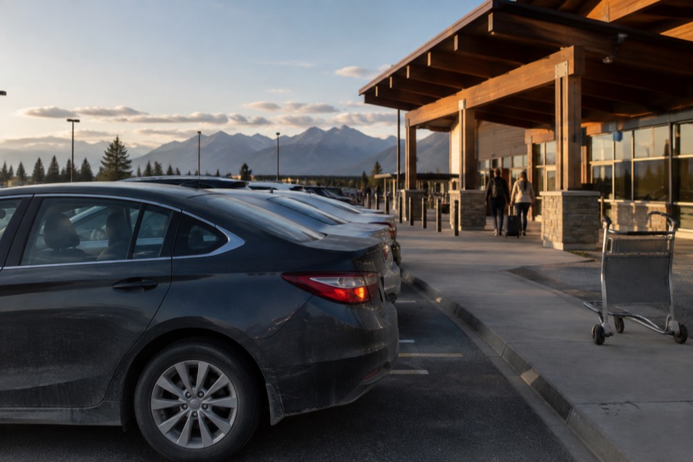 Rental cars parked in a row outside a small airport terminal building