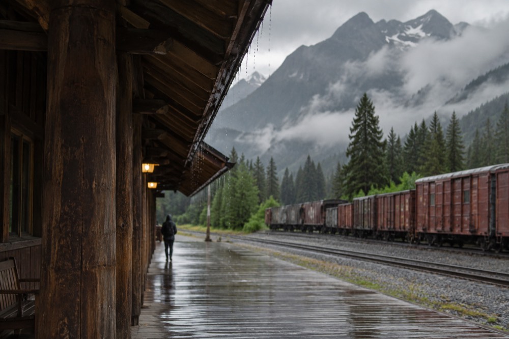 Train platform beside a wooden depot building with forested mountains behind it