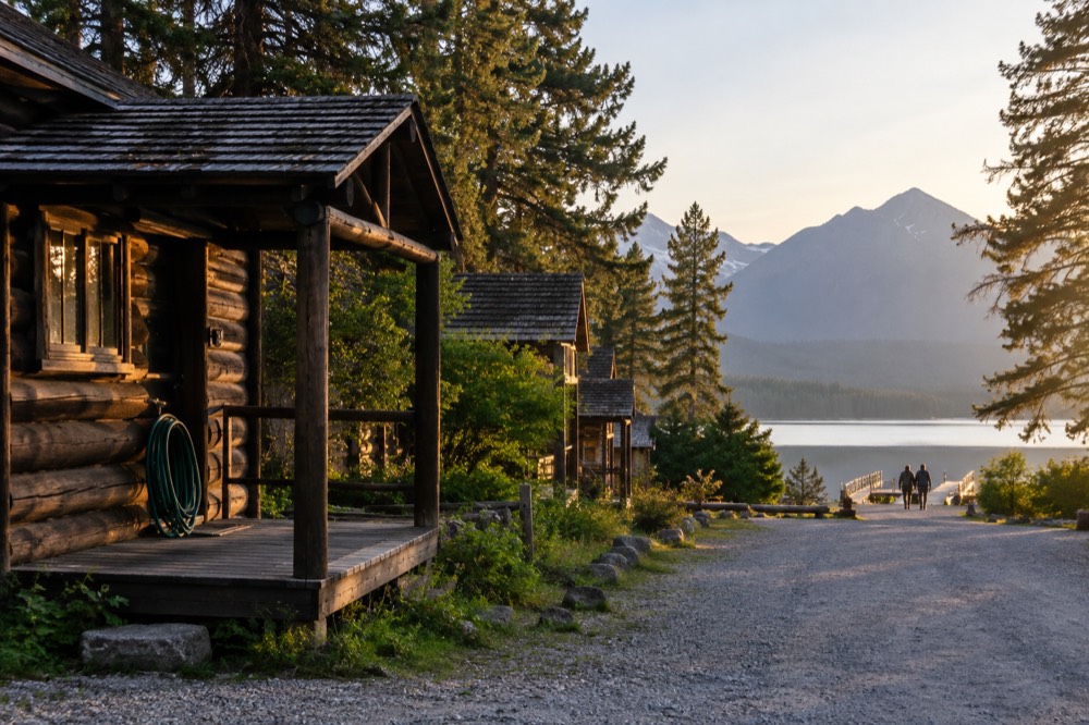 Apgar Village storefronts and a calm lake in evening light