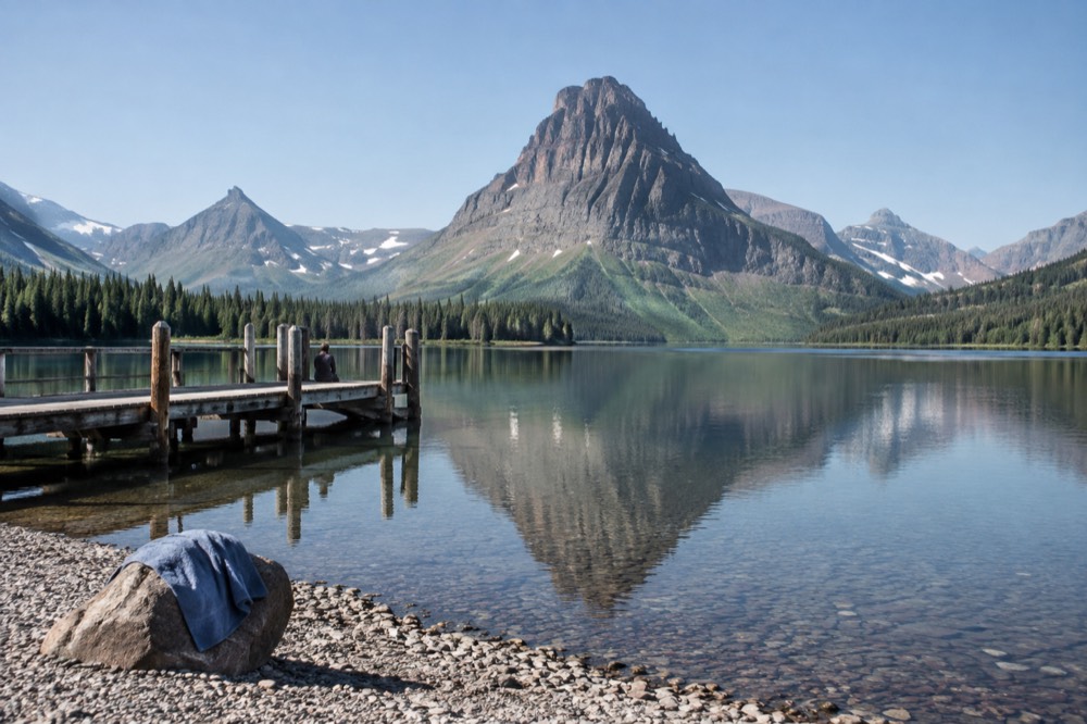 A calm lake beach with a wooden dock and mountains reflected in still water