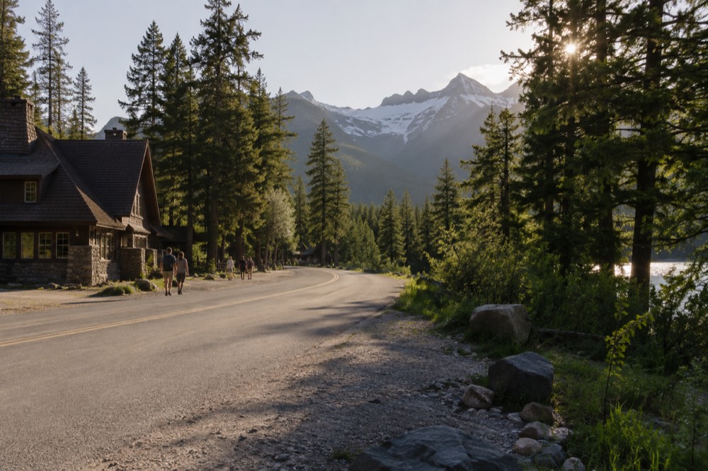 A winding mountain road climbing toward a snowcapped pass with dense forest below