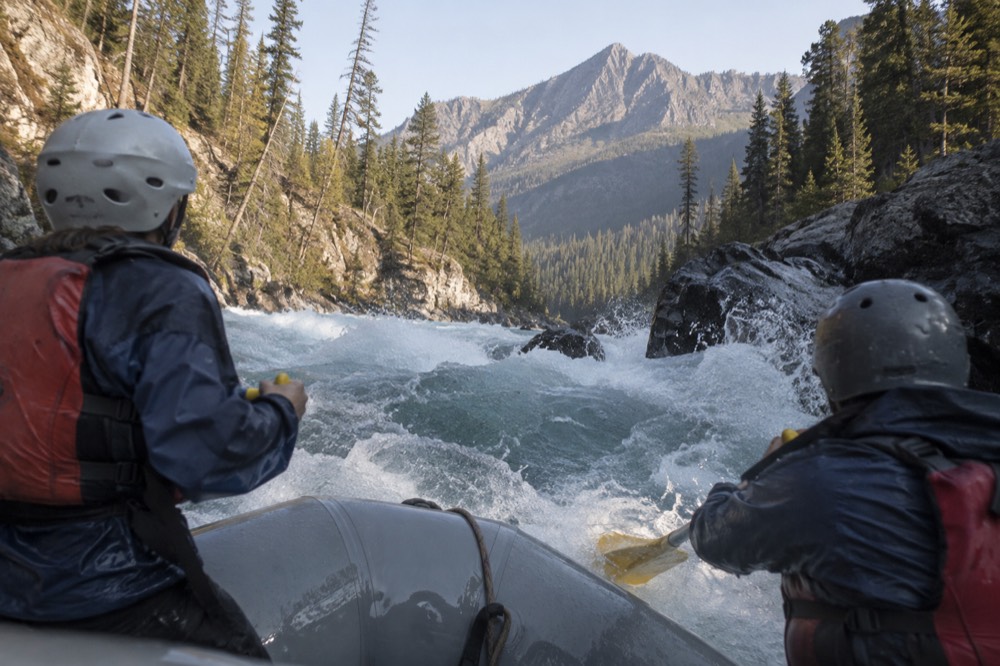 A raft with paddlers moving through a rocky river canyon with pine forest on both banks