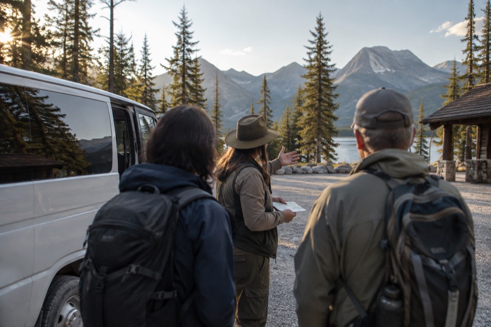 A guide speaking to a small group beside a van at a scenic overlook