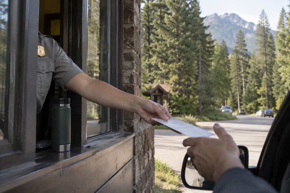 A ranger handing an entrance pass through a vehicle window at a park gate