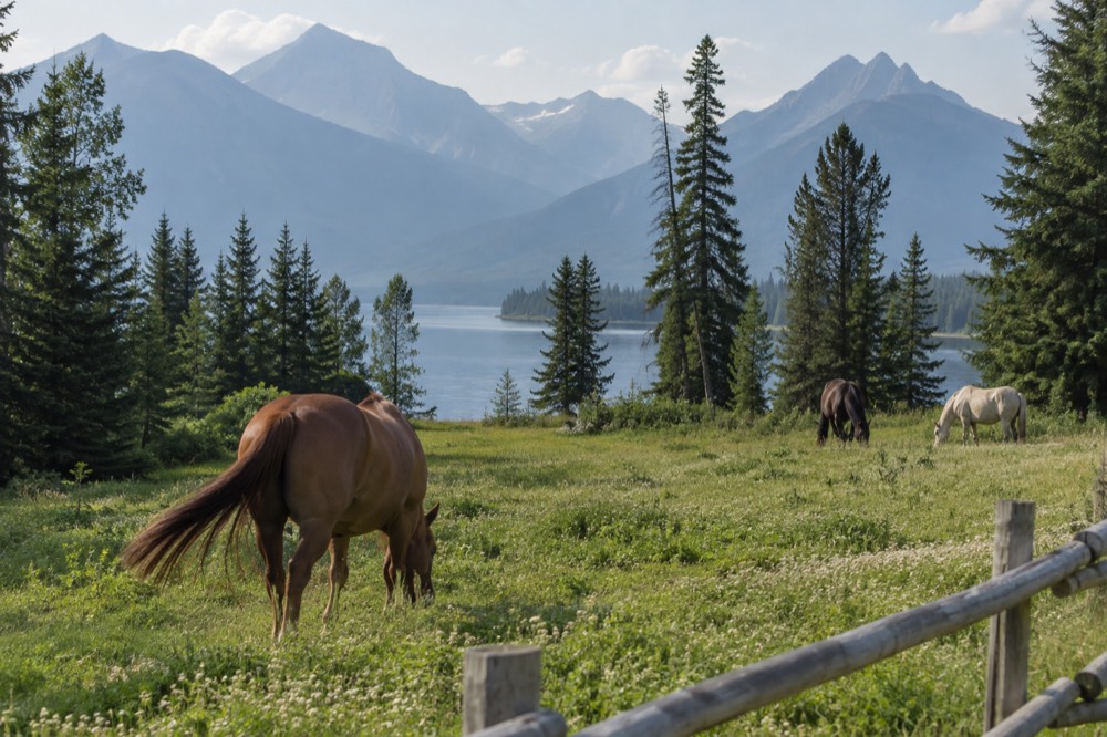 Horses grazing in a green meadow with tall evergreen trees and hazy mountain ridges beyond