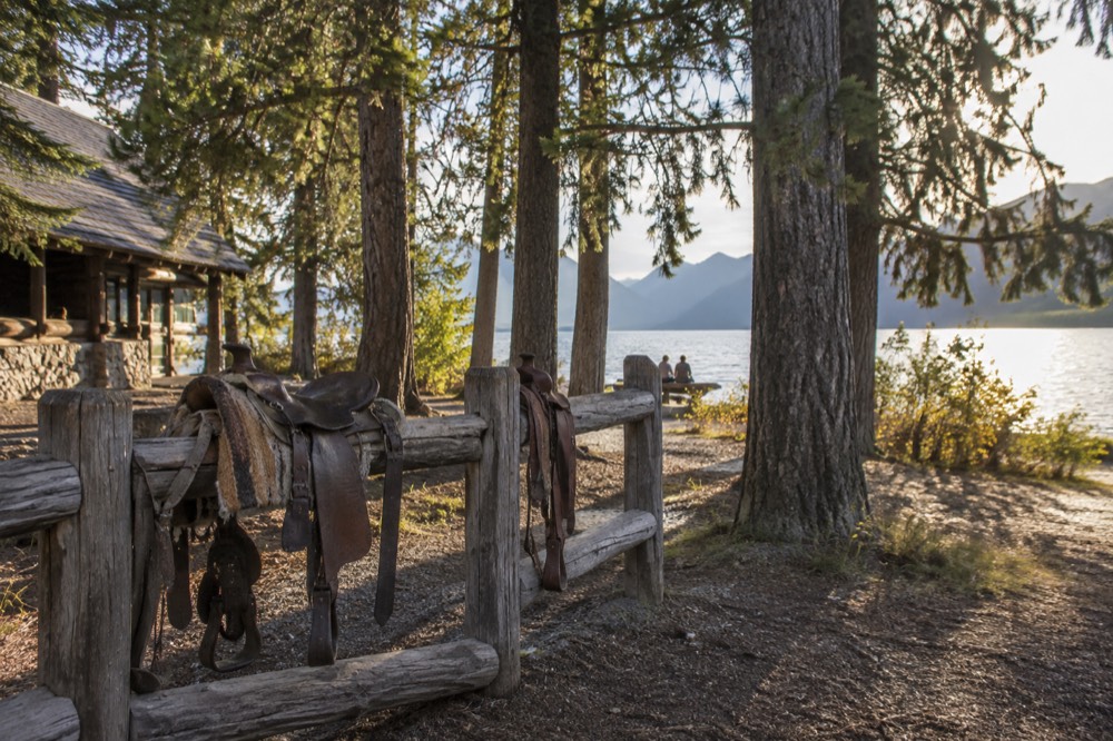 A wooden corral fence and saddle rack under tall pines near a lake shore