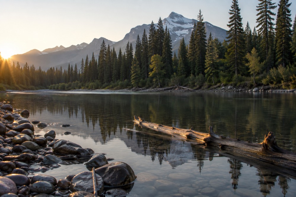 A calm river bend reflecting evergreens and a distant snowy peak