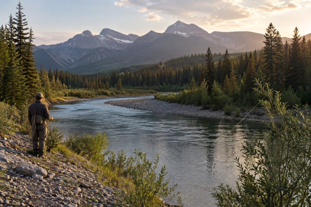 A calm river winding through a forested valley with mountains rising behind