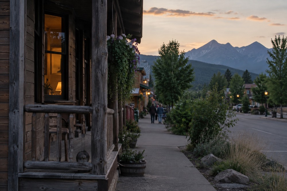 A small mountain town street at dusk with wooden buildings and peaks behind
