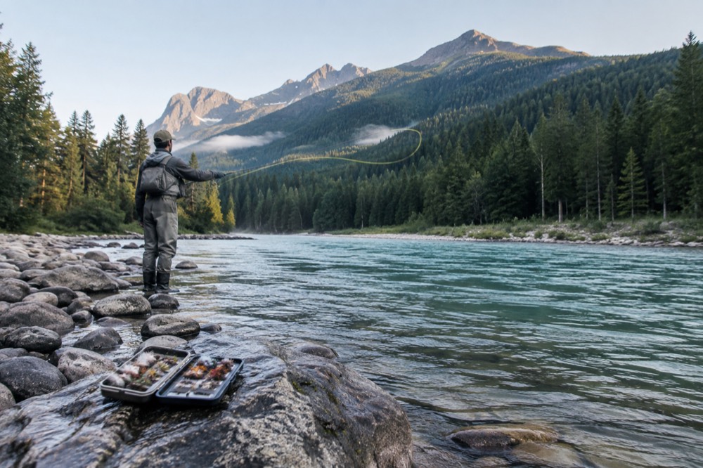 A fly fisherman casting from a gravel bar on a river with forested mountains behind