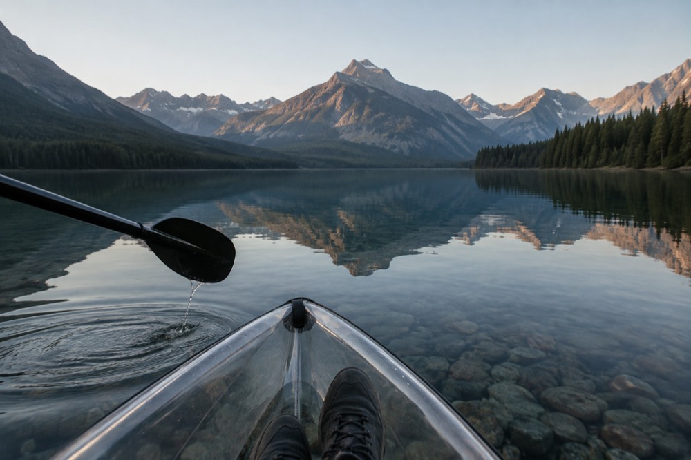 A clear kayak gliding over shallow water with mountains reflected on the surface