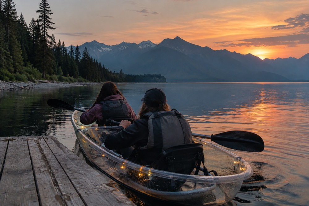 Two people in a clear kayak on calm water at sunset with LED lights glowing