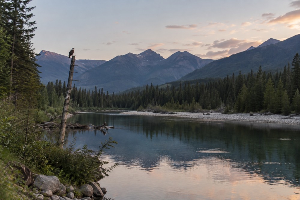 A calm river reflecting forested hills under a clear sky