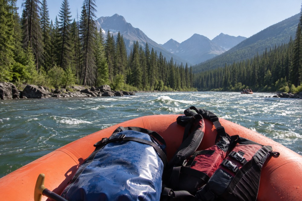 A life jacket and dry bag secured inside a raft